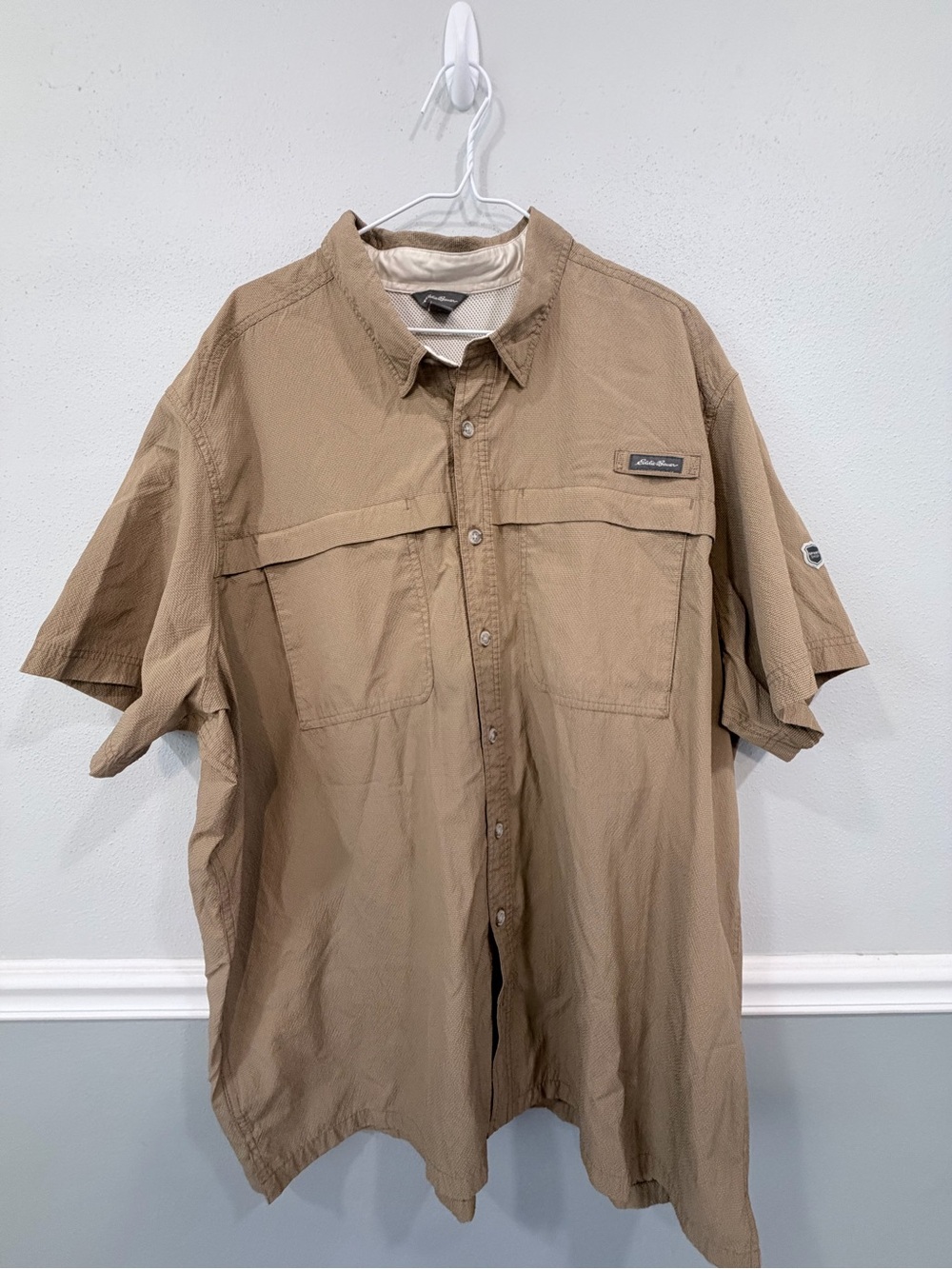 Eddie Bauer Mens T3XL Tan Brown Check Button Down Short Sleeve Shirt